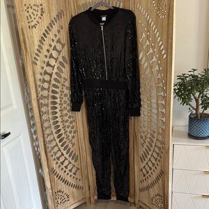 Venus Black Sequin One Piece Jumpsuit/Jogger Zip Front SZ M